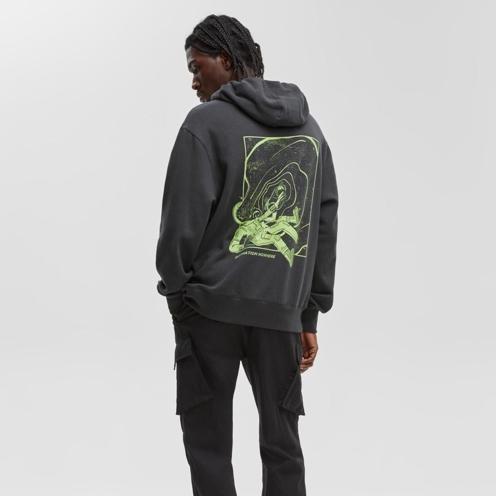 Mode of One Mens Oversized Destination Nowhere Graphic Hoodie Jet Grey Large NEW